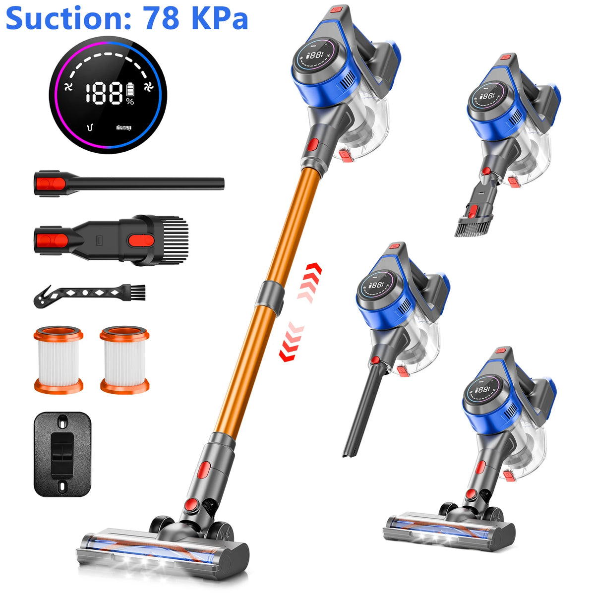 Honki 78KPa cordless vacuum with LED display; blue handheld unit shown with attachments in multiple views