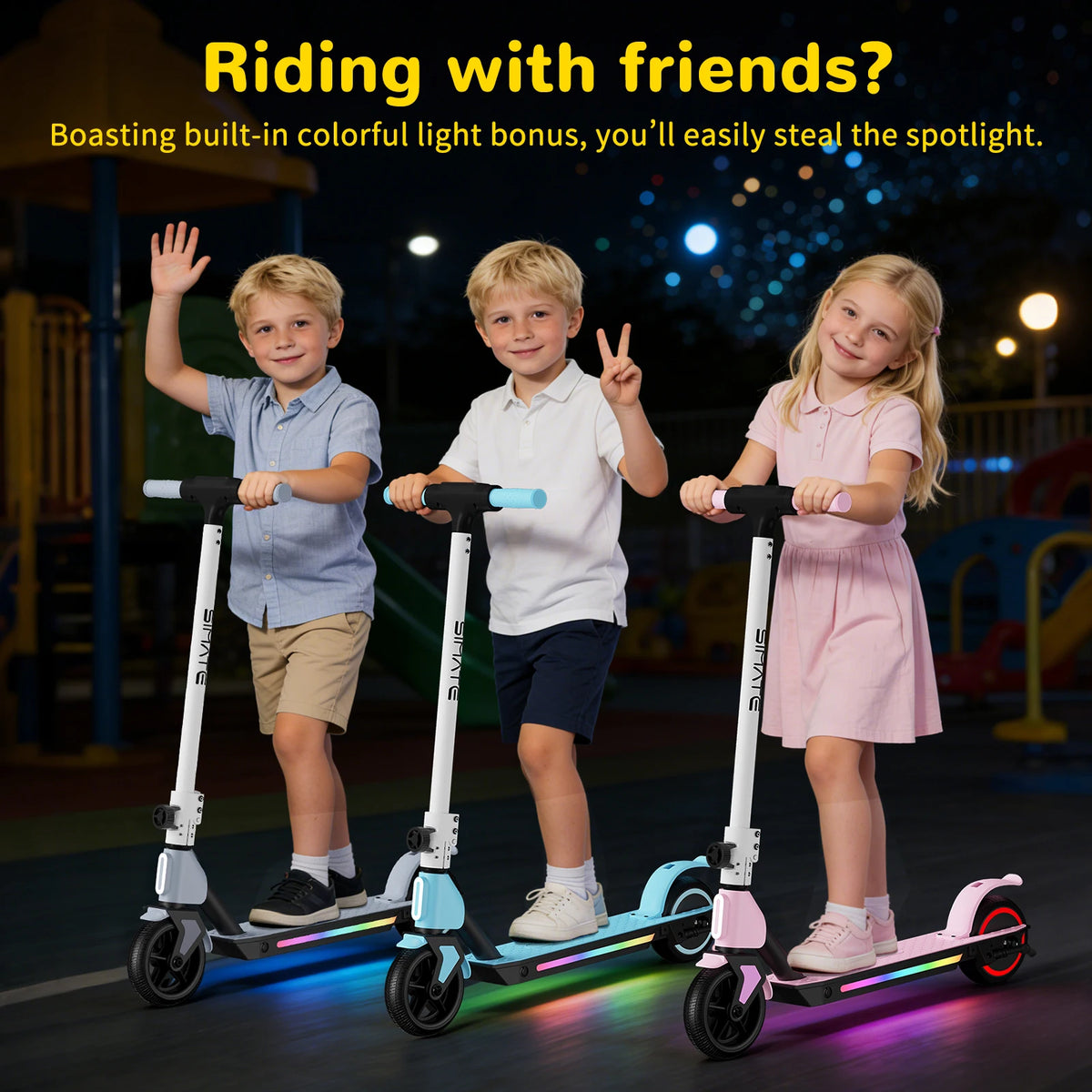 SIMATE Kids Electric Scooter set: three foldable aluminum alloy-frame scooters with colorful LED lights