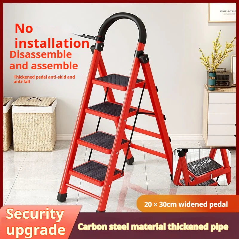 Red adjustable zigzag folding ladder with thickened carbon steel, 6 steps for home and garden
