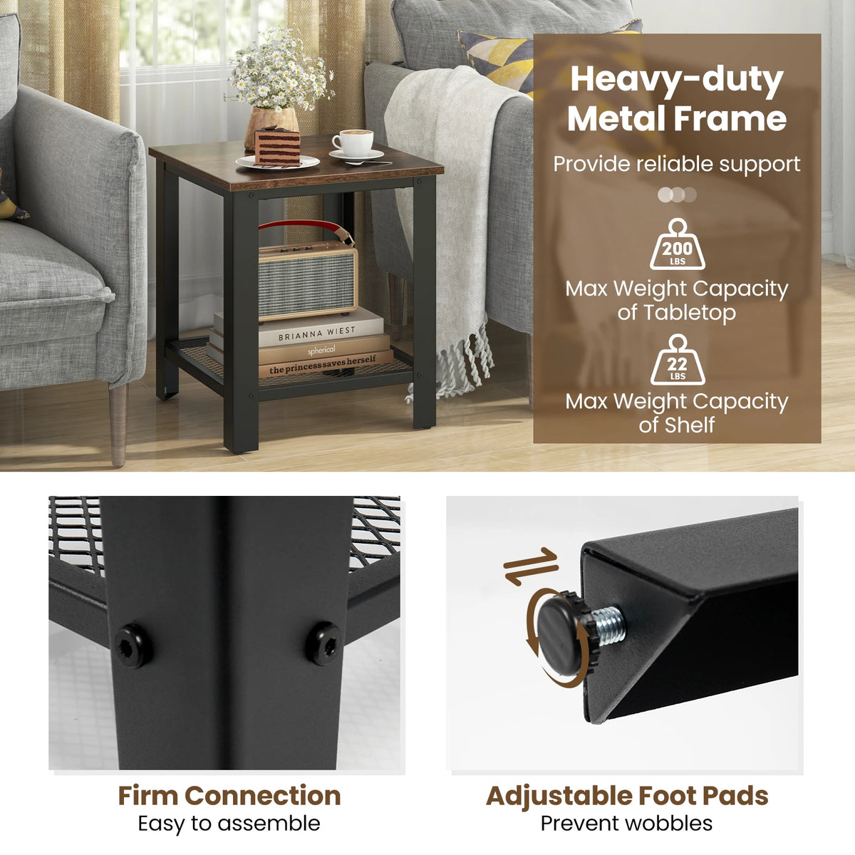 2 PCS Industrial End Tables with storage shelf; black metal frame and wood top by S And B Enterprise