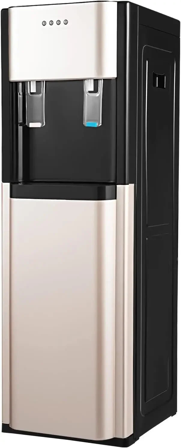 5-gallon bottom-loading water dispenser; freestanding water cooler with hot and cold taps, black and beige finish.