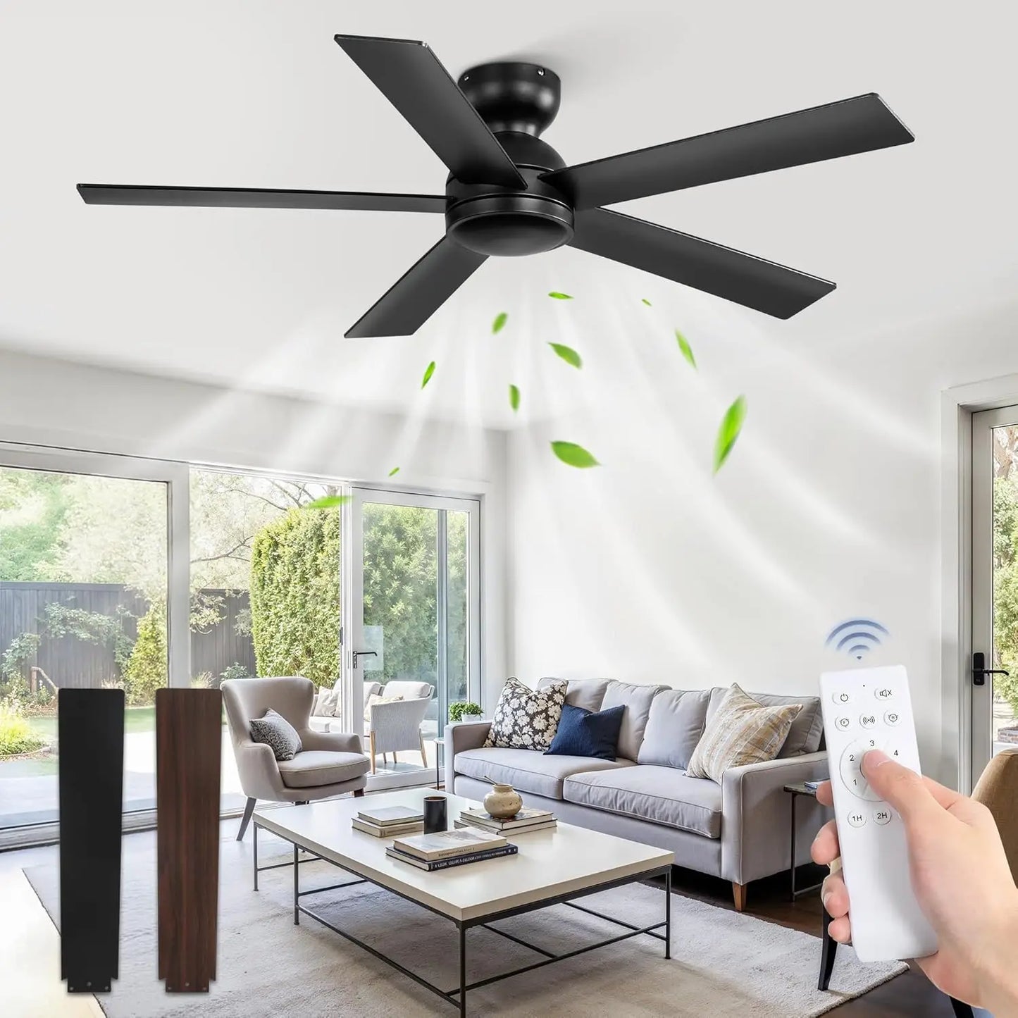 48" Flush Mount Ceiling Fan, Black, No Light, 6 Speeds, Quiet DC Motor, Remote Control, Indoor/Outdoor by S And B Enterprise