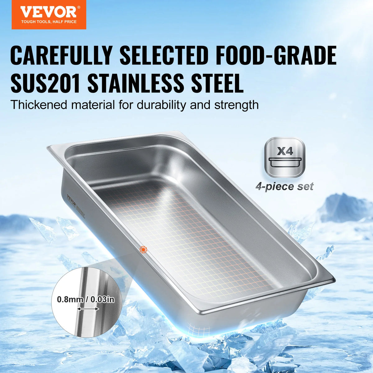 VEVOR stainless steel hotel pans, 4-piece full-size set, 4-inch deep with lids