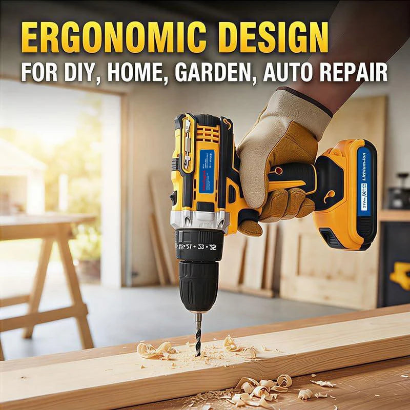21V cordless drill and impact driver kit in yellow and black with ergonomic design for DIY home repairs.