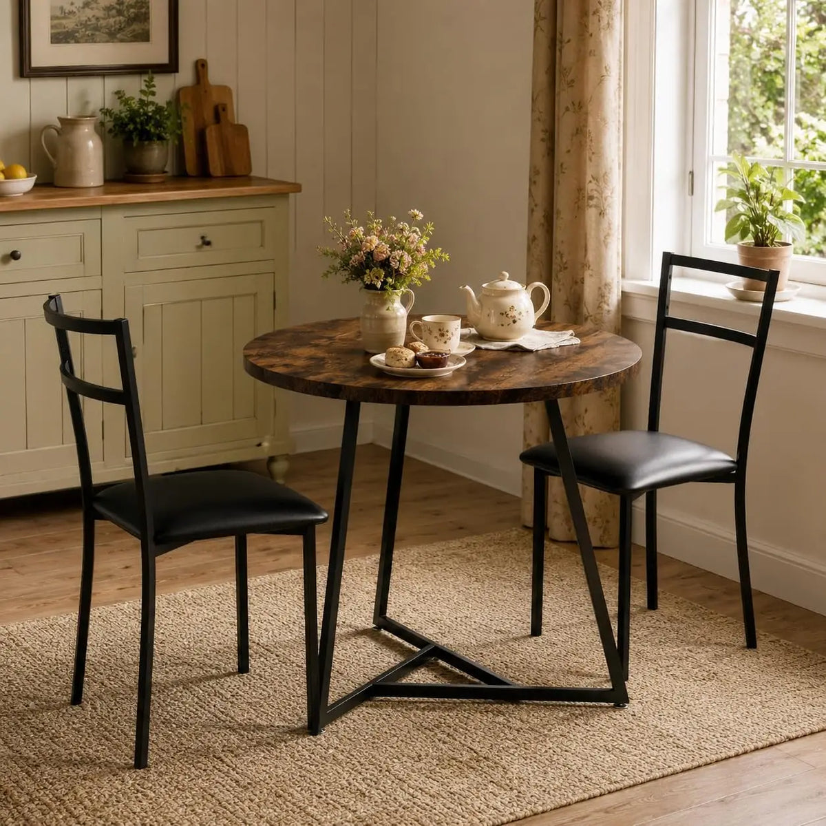 Round dining table set with two black upholstered chairs in rustic brown finish for small spaces.
