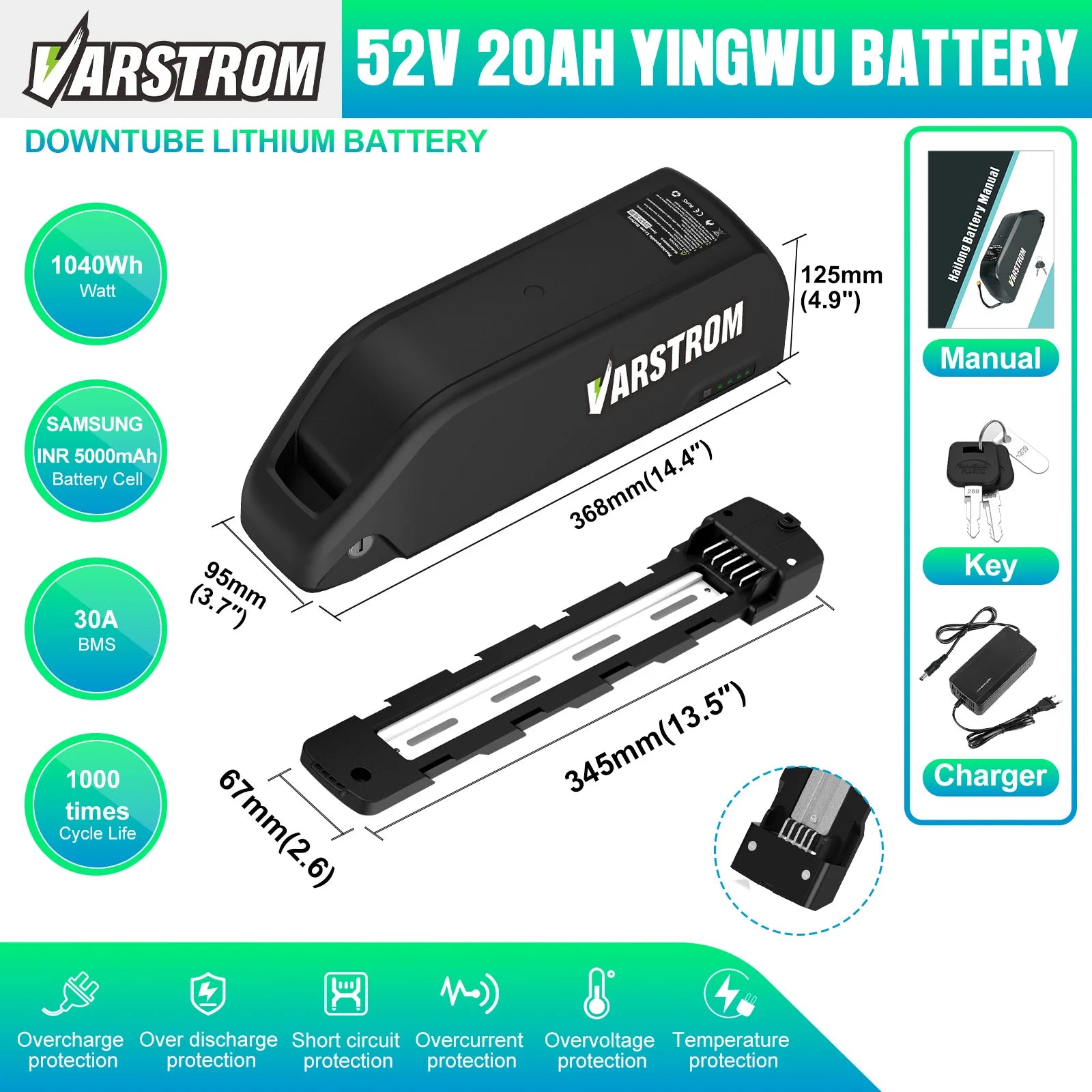 Varstrom Ebike Battery 48V 20Ah 40A BMS Downtube Pack by S And B Enterprise