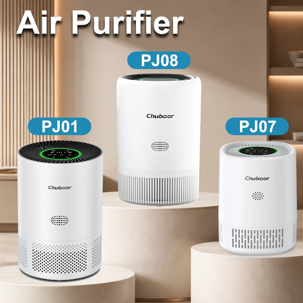 Chuboor air purifiers (3 white cylindrical units) with visible branding.