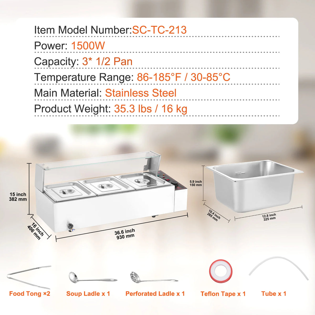 Commercial steam table food warmer by S And B Enterprise, stainless steel with glass cover and temperature control.