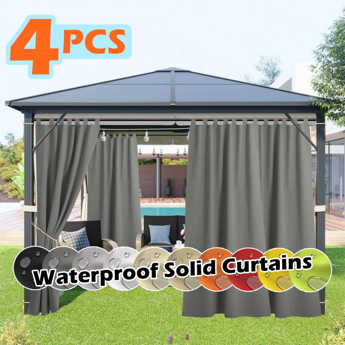 S And B Enterprise 4-panel outdoor curtains, waterproof and UV-resistant gray tab-top panels for gazebo
