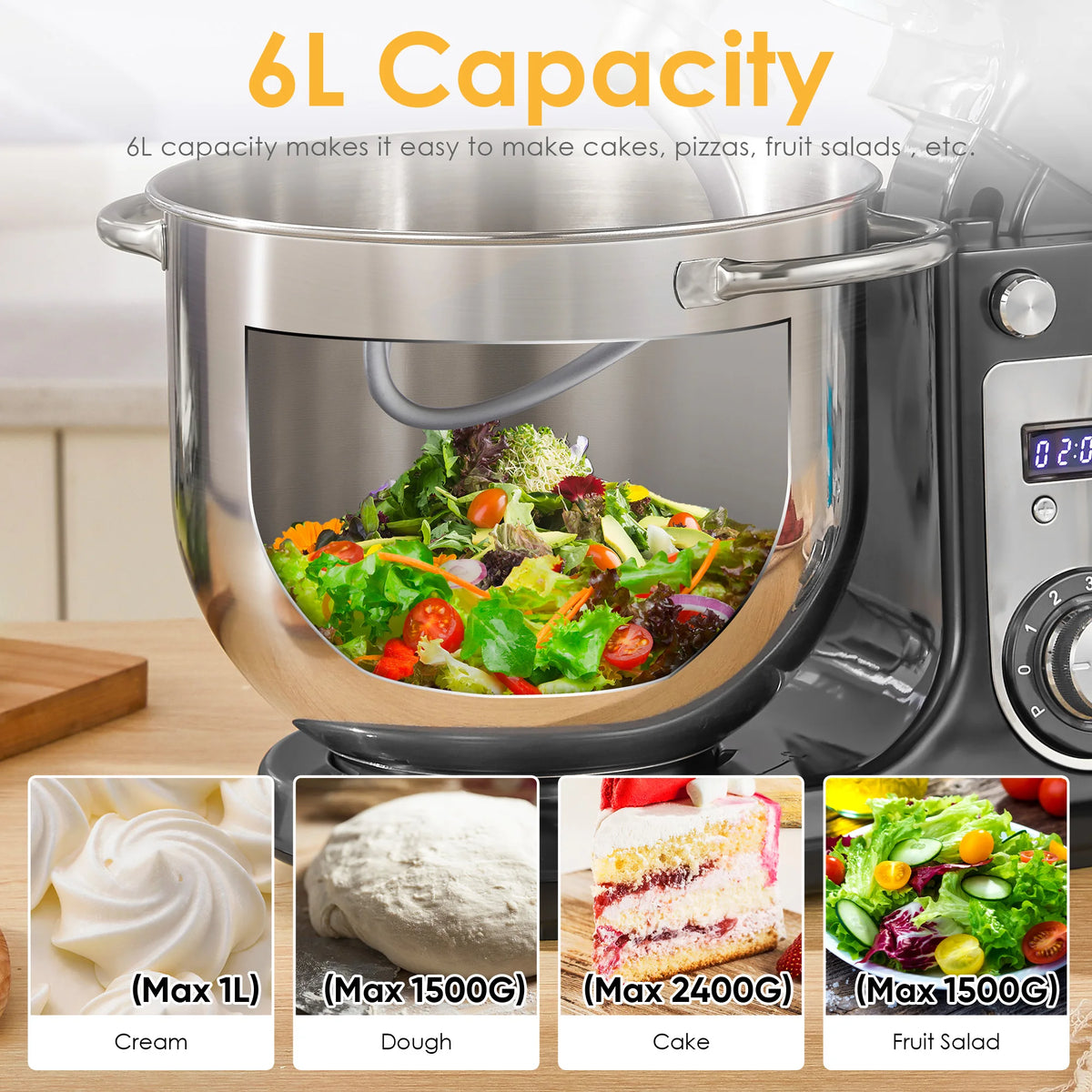 BioloMix kitchen stand mixer with stainless steel bowl and salad inside