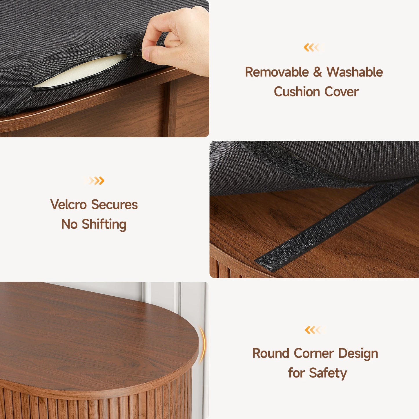 Shoe storage bench with dark fabric cushion on a wooden base; removable cushion cover and rounded corners.