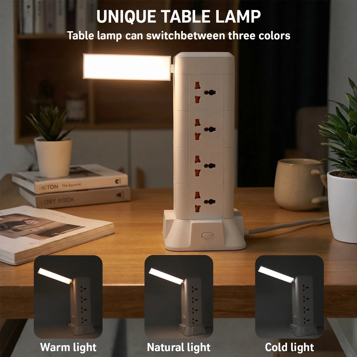 Power strip tower with 12 outlets and USB ports, flat-plug surge protector with built in lamp by S And B Enterprise
