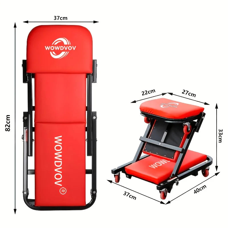 2-in-1 mechanic creeper seat with wheels, red folding rolling garage stool by S And B Enterprise