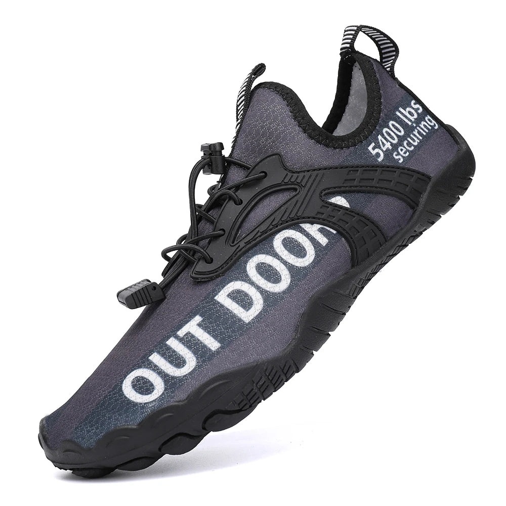 Men's water shoes in dark gray with black sole; quick-dry, lightweight aqua sneakers