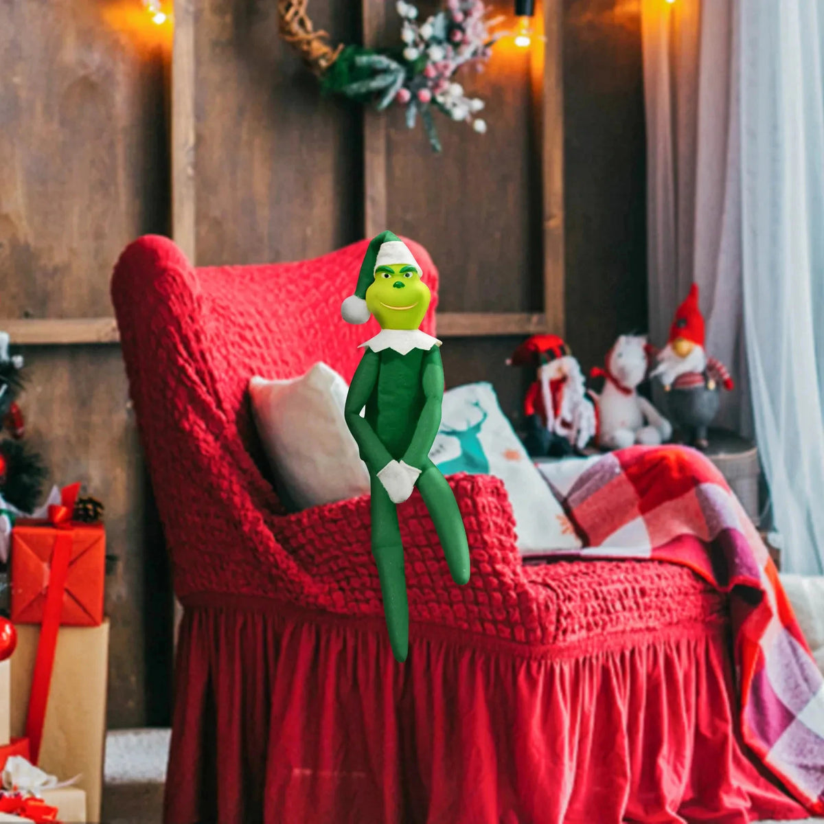 Christmas elf plush figure in green with white collar and green hat with white pom decorative holiday ornament