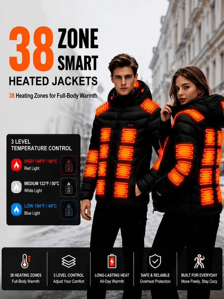 Men's intelligent heating jacket, black with heat zones; 39 zones, 4 temp levels, battery not included, two jackets.