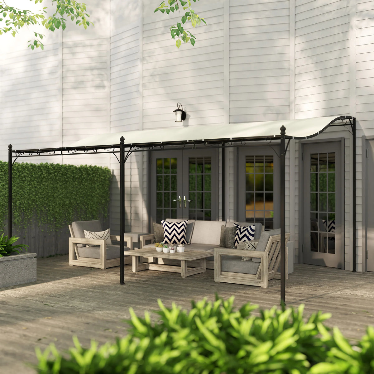 Outdoor pergola canopy, 10' x 16', cream-white fabric on a metal patio frame