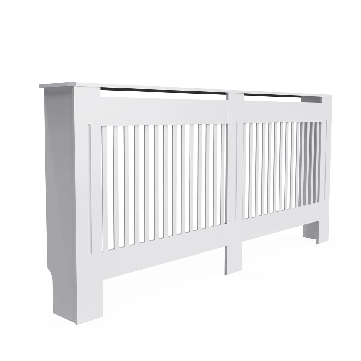 Radiator cover cabinet in white MDF with vertical slat grill and top shelf; 36.2 inches tall.