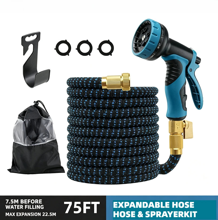 S And B Enterprise expandable garden hose with 75 ft blue/black braided hose, spray nozzle, brass fittings, and carrying bag.