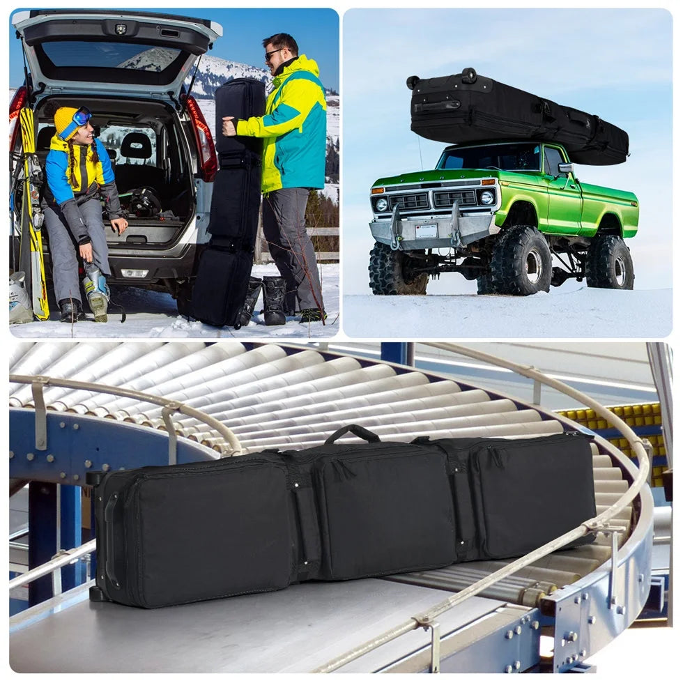 Three black 600D padded waterproof snowboard bags with wheels