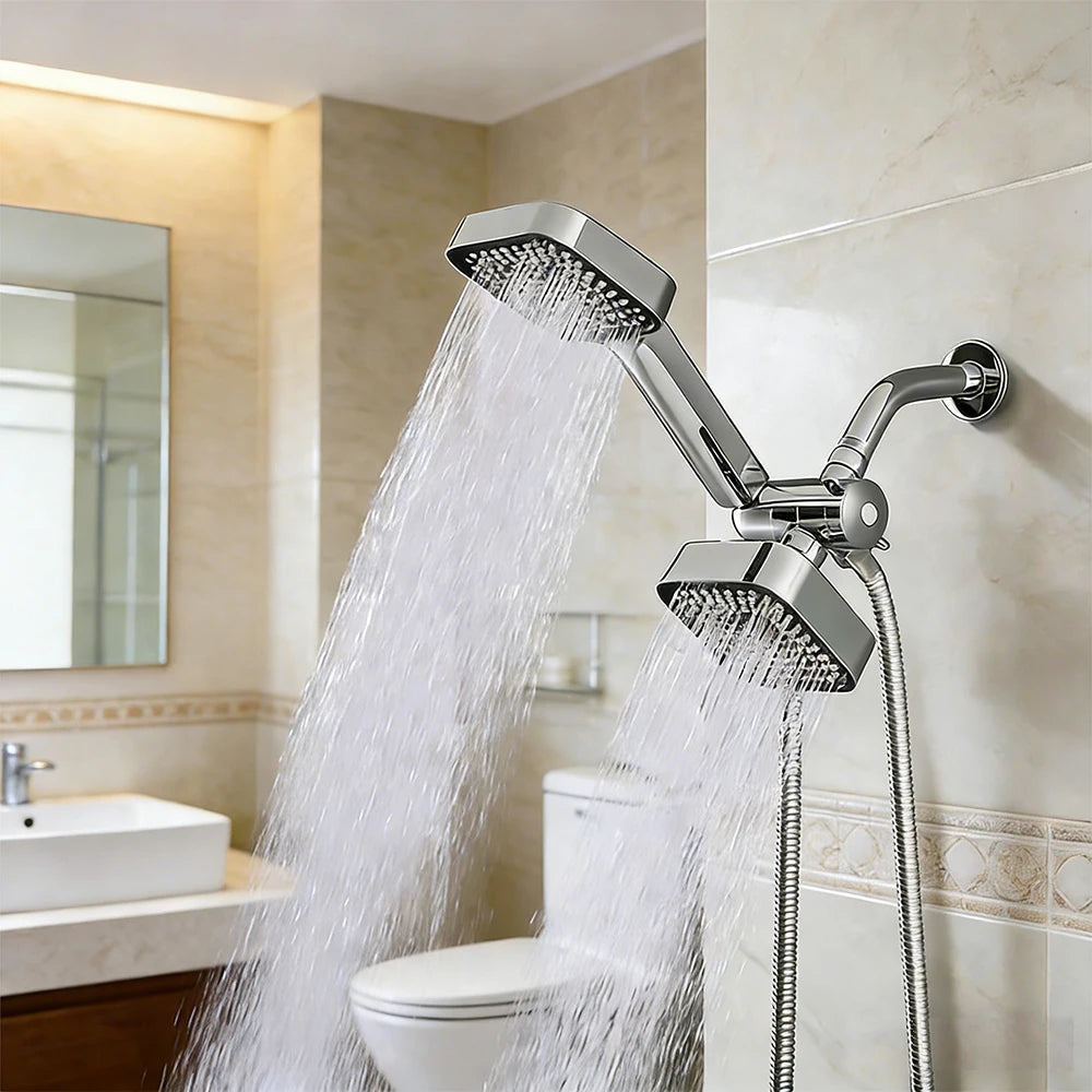 Two chrome square shower heads with a long hose, wall-mounted dual-head shower set.