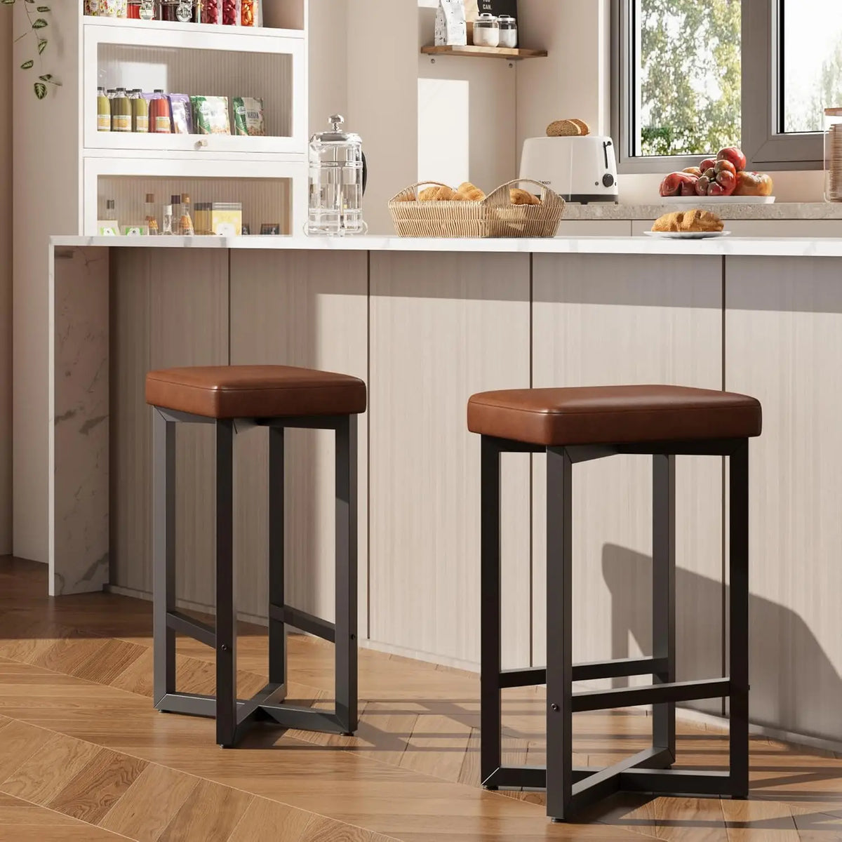 2-pack backless bar stools with brown PU leather and black metal X-frame, 24.6-inch counter height, S And B Enterprise
