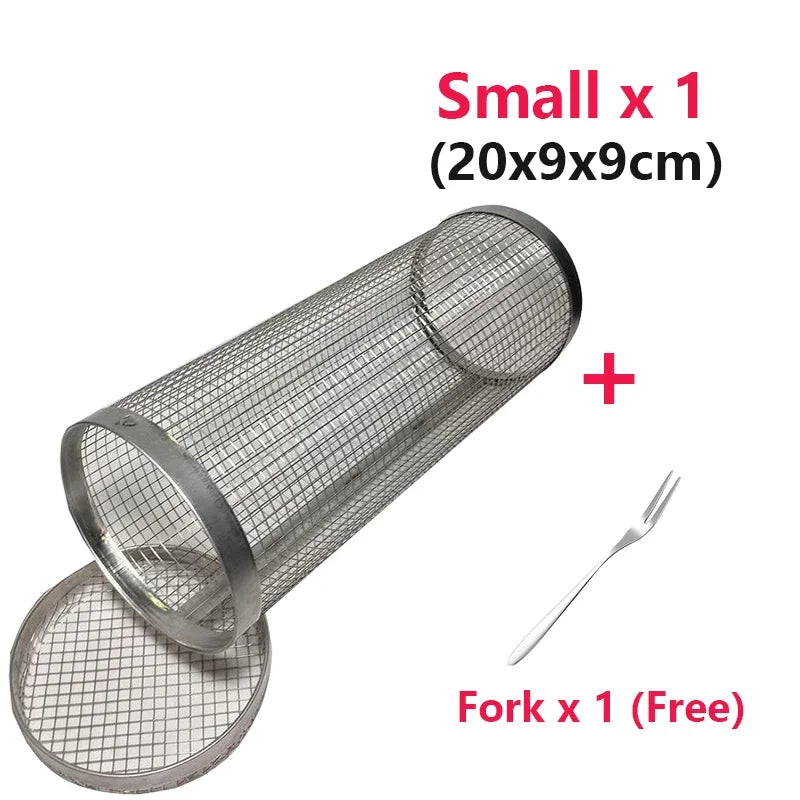 Stainless steel rolling BBQ basket by S And B Enterprise; cylindrical mesh grill 20x9x9 cm with a free fork.
