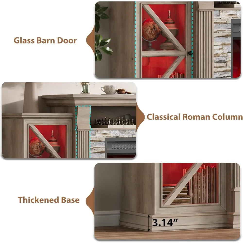 Electric Fireplace TV Stand With Glass Barn Doors And Shelf