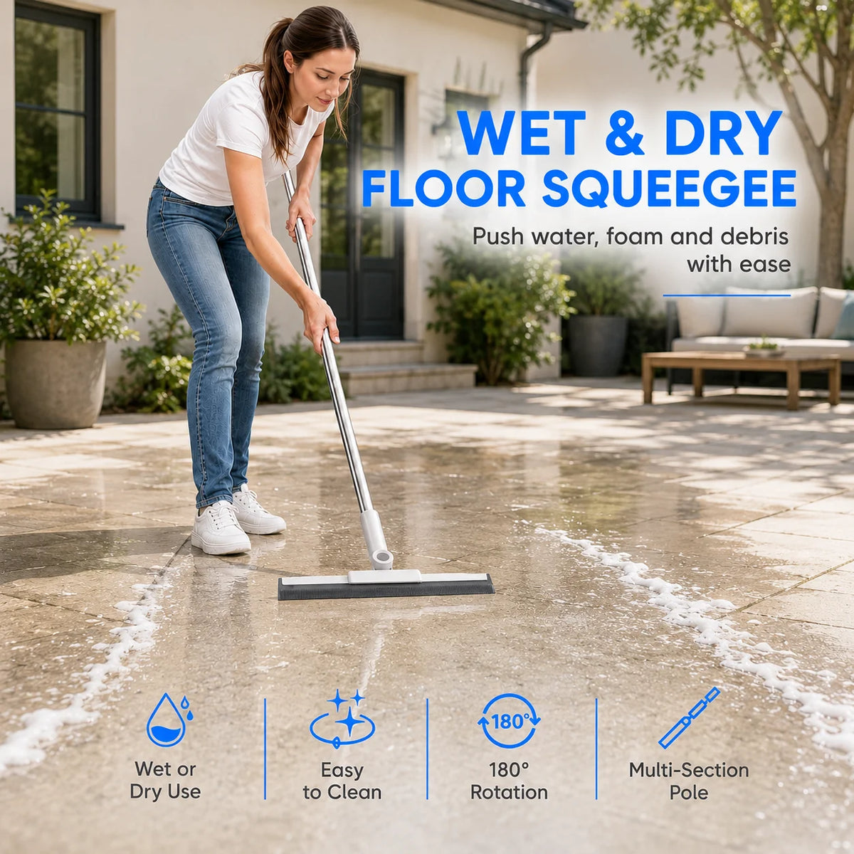 Joybos 2-Pack Floor Squeegee Cleaning Set with adjustable metal pole and dual-sided bristle and squeegee blades