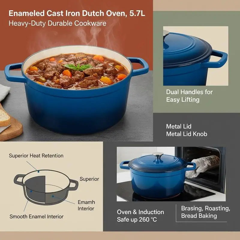 Enameled Cast Iron Dutch Oven, 6 Quart Pot with Lid and Dual Handles, Heavy-Duty Durable Cookware Pan, Oven Induction Compatible up to 500℉, for Braising, Stews, Roasting, Bread Baking, Blue by S And B Enterprise