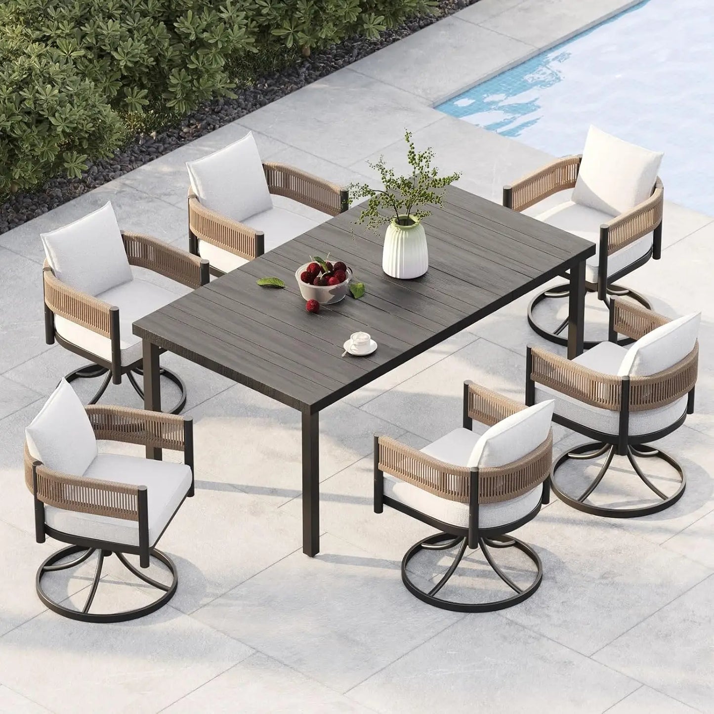 Outdoor Dining Set With Woven Metal Chairs And Cushions by S And B Enterprise