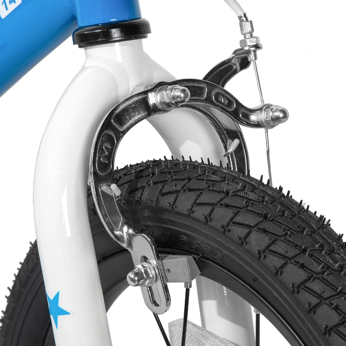 JOYSTAR children's bicycle with blue frame, white front fork, and front brake detail