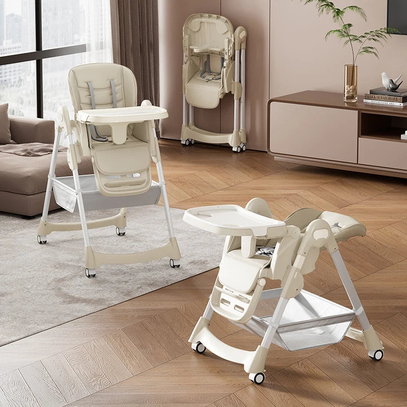 Foldable Baby High Chair With PU Leather And Adjustable Backrest