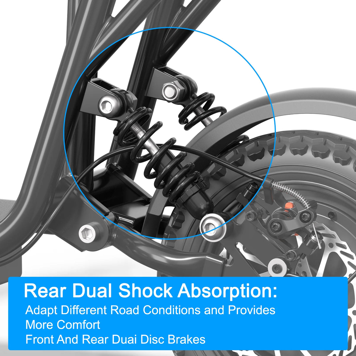 Spacewalk electric scooter with seat rear dual shocks, 14-inch tires, disc brakes