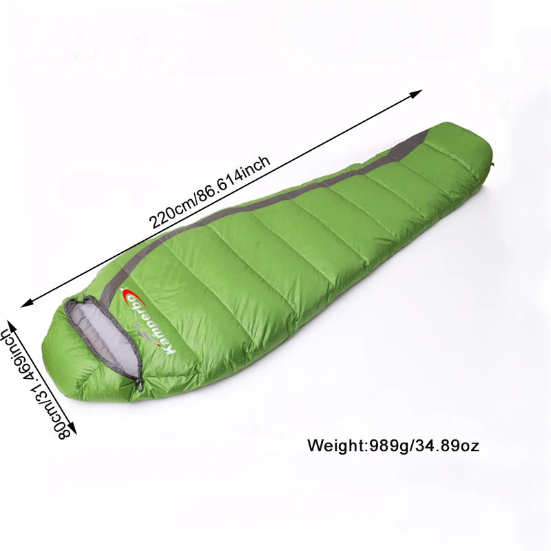 Kamperbox green down sleeping bag, ultralight winter camping gear, mummy-style with hood