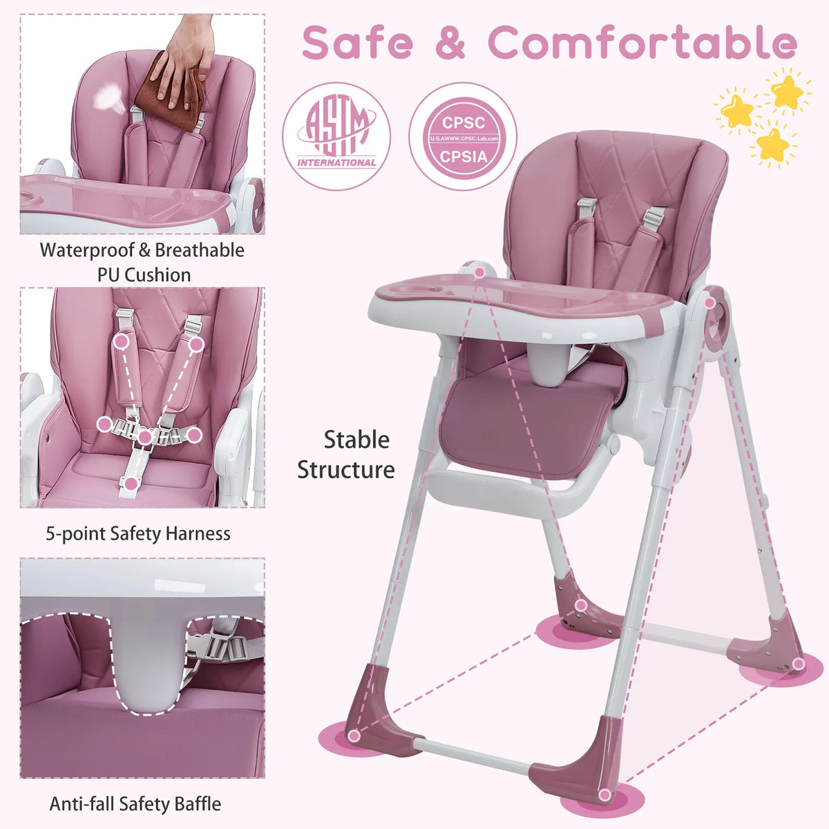 Baby high chair by S And B Enterprise in pink with adjustable height, recline, foldable frame, and PU cushion.