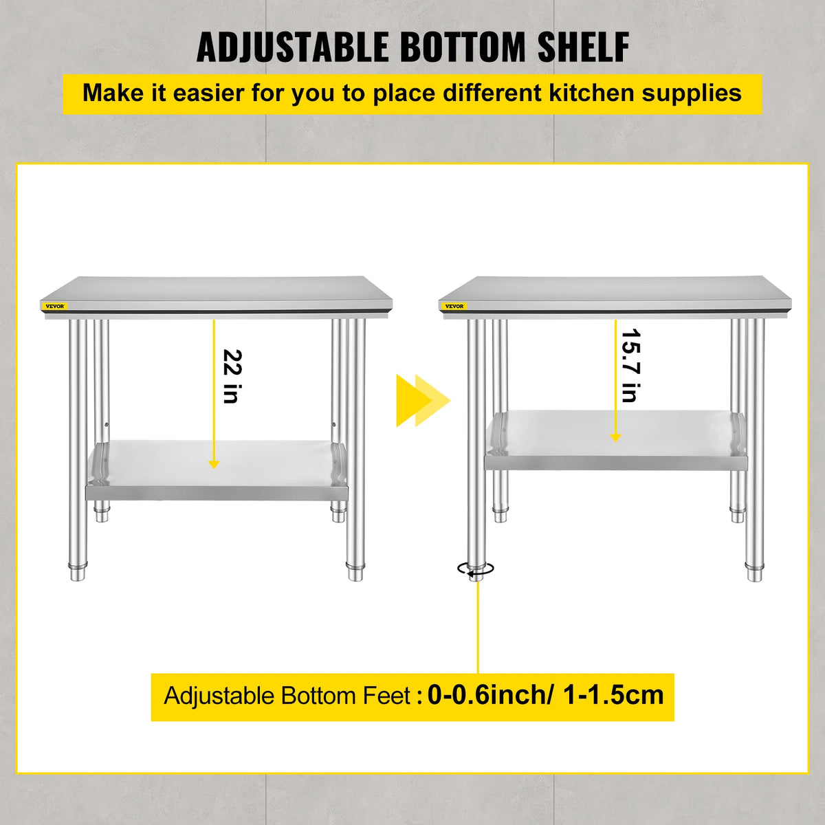 Two stainless steel commercial kitchen work tables with undershelf and adjustable feet, VEVOR