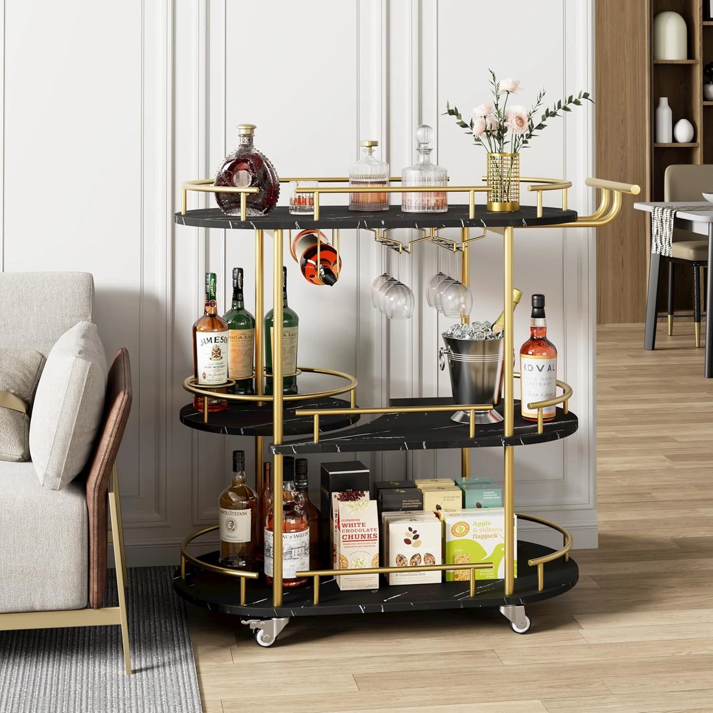 3-tier drinks trolley bar cart with black marble shelves and gold frame on wheels, with wine rack and glass holders.