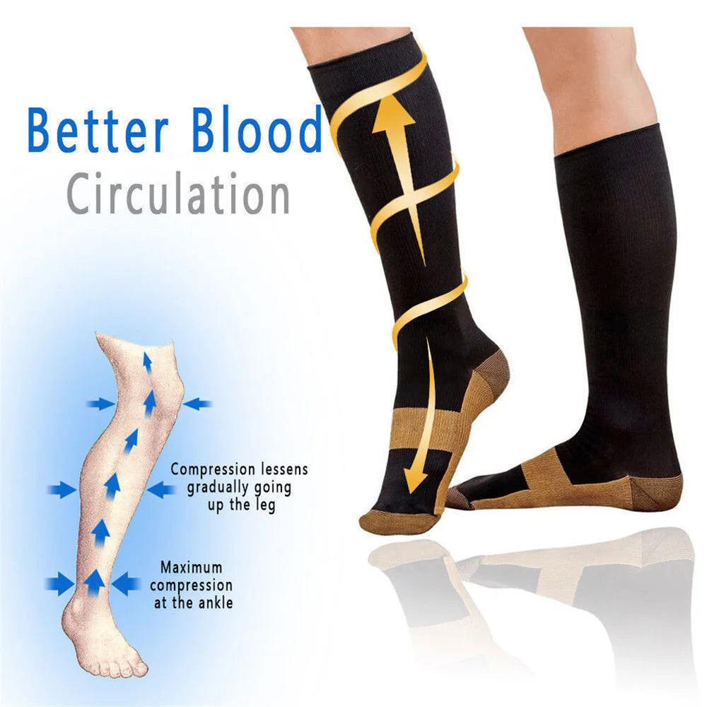 Copper compression socks for unisex, knee-high, black with tan heel/toe padding, 20-30 mmHg