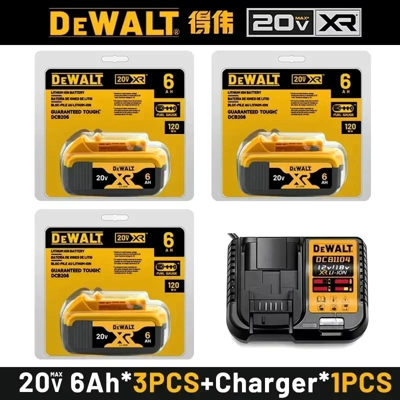 DeWALT 20V XR 6Ah lithium-ion battery packs (3) with charger in yellow/black packaging