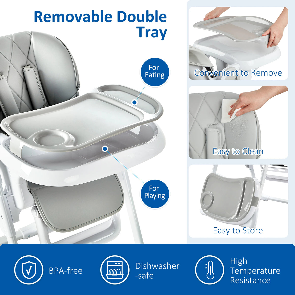 Baby high chair with removable double tray; gray foldable infant seat