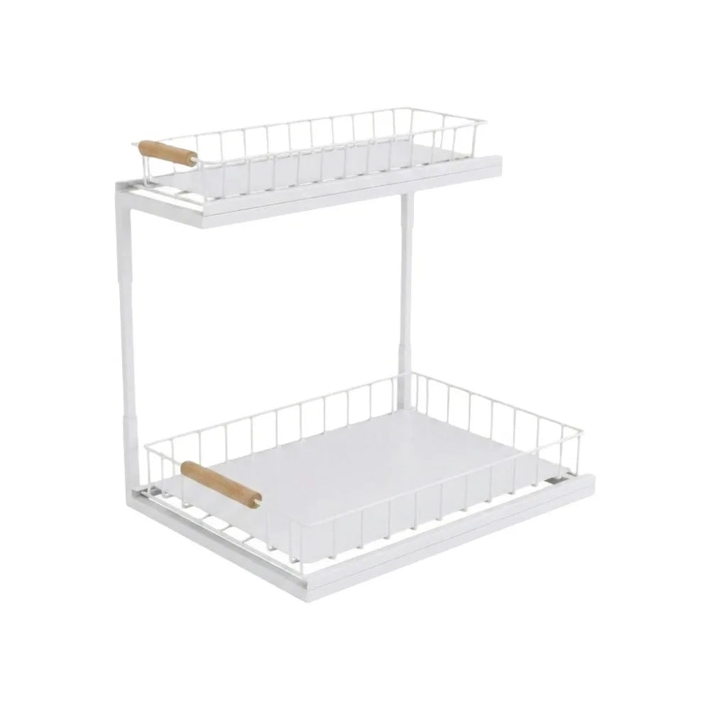 Two-tier under-sink organizer in white carbon steel with wooden handles