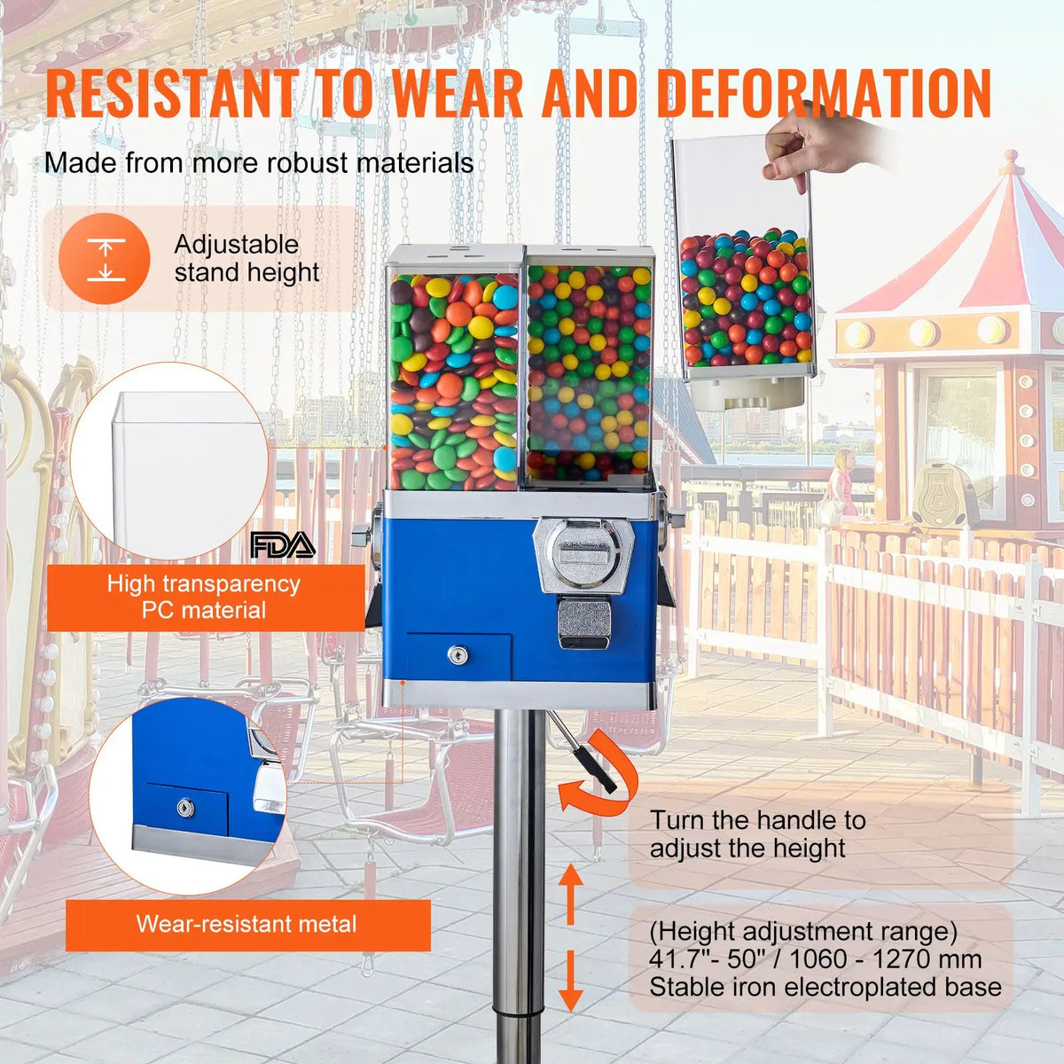Commercial four-compartment rotatable gumball and candy dispenser on adjustable-height blue metal base