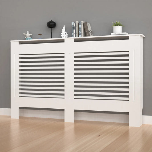 Radiator cover cabinet, dual-panel white MDF with horizontal slatted grills, by S And B Enterprise, 36.2 inches tall.