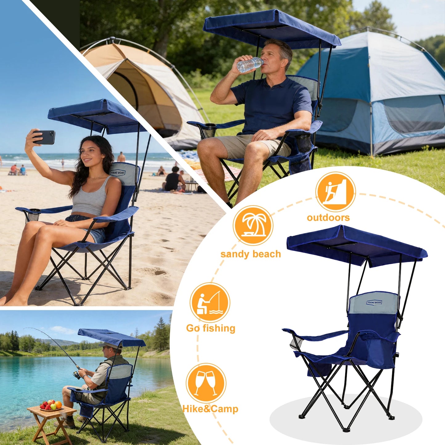 GERC Foldable Camping Chair With Sun Shade, Cooler Bag And Cup Holder Pocket by S And B Enterprise