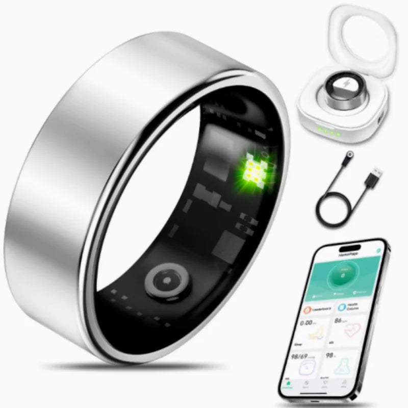 Smart Ring R09 health monitor; silver metal band with black interior, charging case, USB-C cable, and smartphone app display