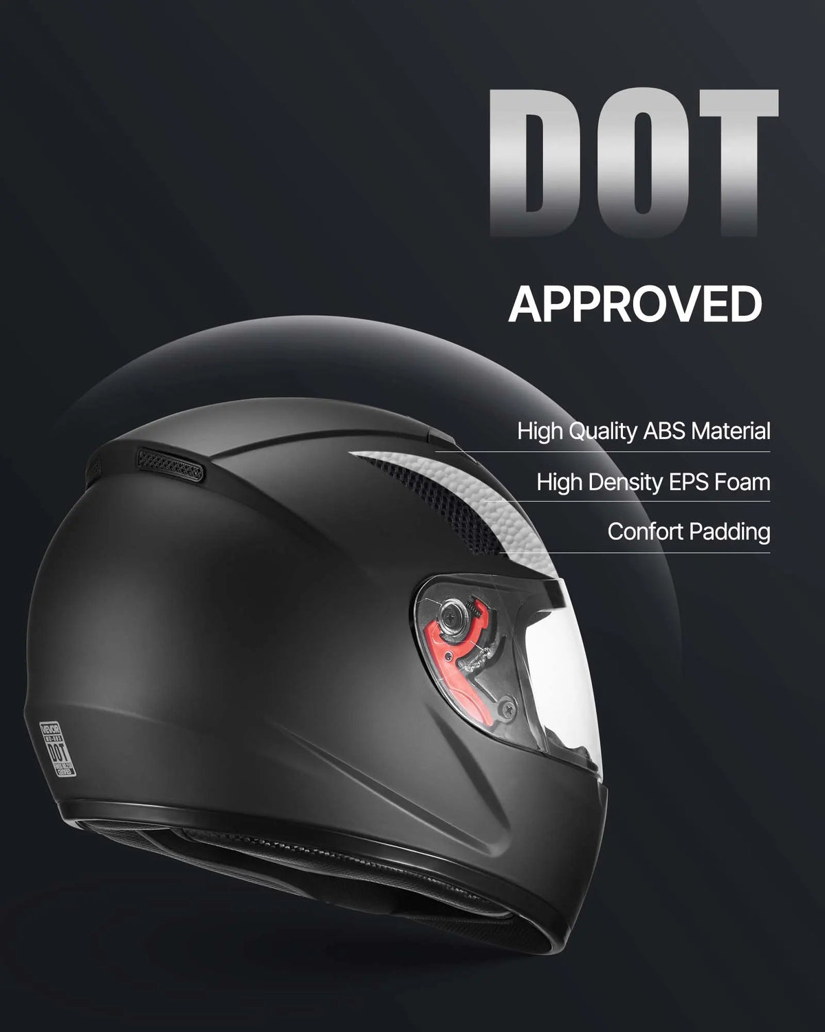 Motorcycle helmet, full-face, matte black with clear visor, DOT approved.
