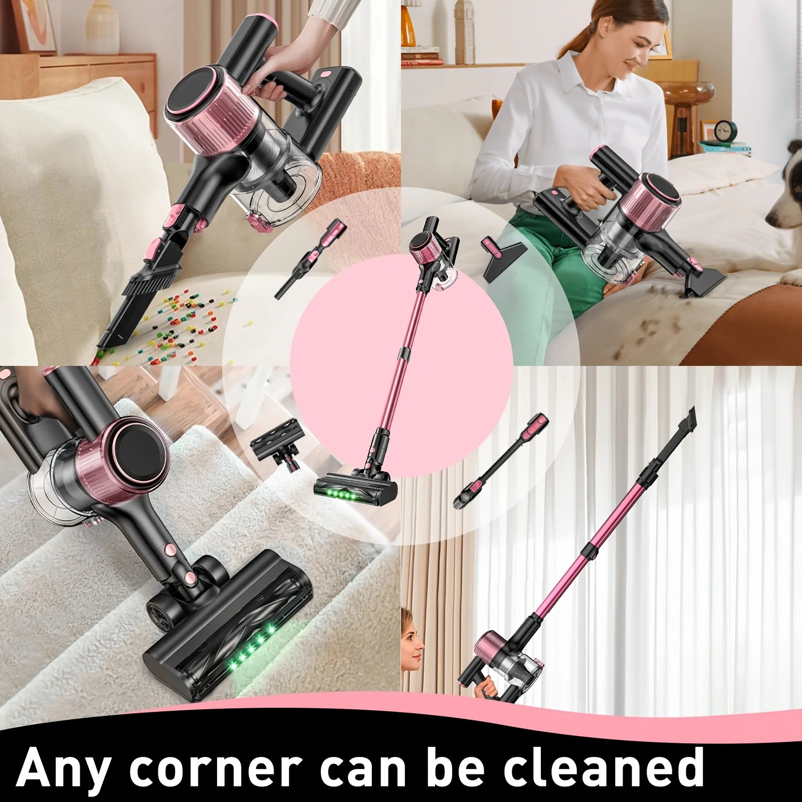 Cordless vacuum cleaner by S And B Enterprise, pink 8-in-1 stick with LED display; 4 units shown.