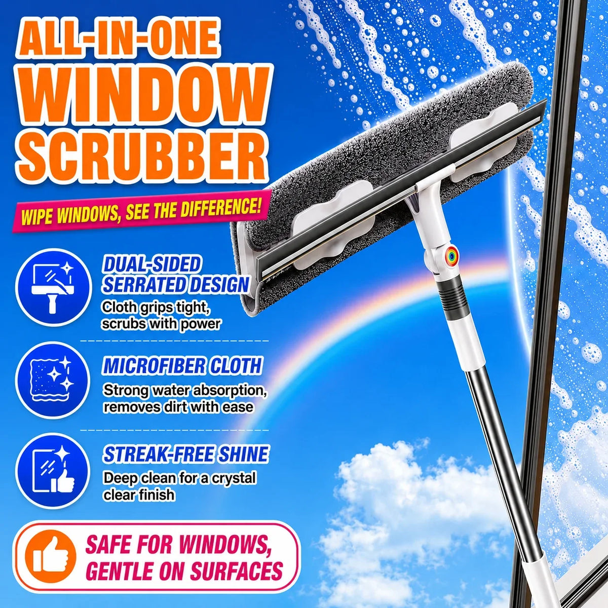 Joybos 2-in-1 window squeegee with 53-inch extendable pole, rotating head, microfiber pad