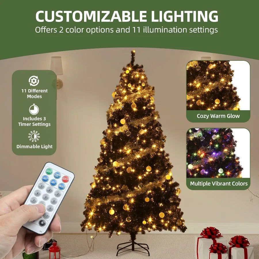 Uforic 6ft pre-lit artificial pine Christmas tree with 818 branch tips and 250 lights, remote control, black